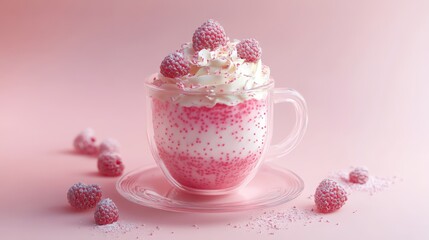 Poster - Raspberry mug cake with whipped cream and fresh berries in a clear glass on soft pink background