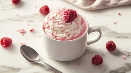 Canvas Print - Raspberry mug cake with whipped cream and fresh raspberries on a marble counter with a spoon beside it.