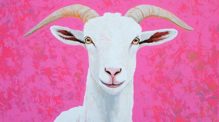 Sticker - Whimsical White Goat Against Vibrant Pink Background Artwork