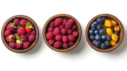 Wall Mural - Bowl of mixed berries including raspberries blueberries and strawberries on white background top view vibrant healthy food concept