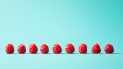 Canvas Print - Fresh raspberries arranged in a perfect row on a vibrant turquoise blue background highlighting their rich color and texture