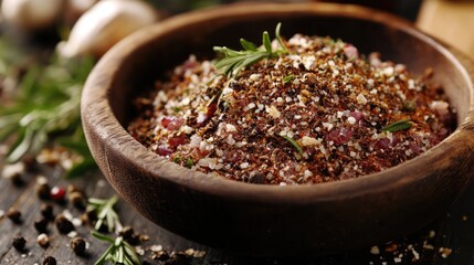 Wall Mural - Aromatic spice blend for East Frisian roast captured in rustic wooden bowl on wooden surface with herbs and garlic in background