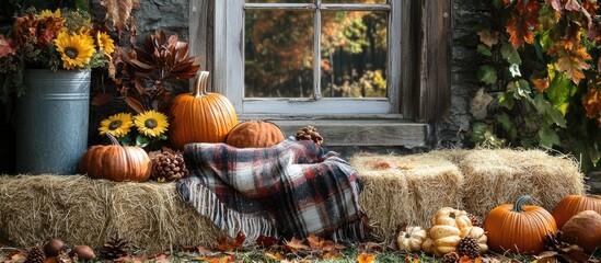 Wall Mural - Fall Harvest Outdoor Decor with Straw Bales Pumpkins Sunflowers and Antique Elements in Autumn Outdoor Setting