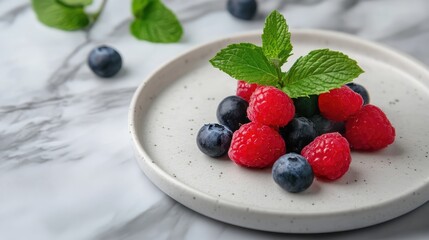 Wall Mural - Fresh raspberries and blueberries garnished with mint leaves on a stylish ceramic plate against a marble background