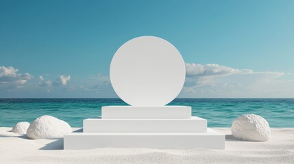 Wall Mural - Minimalist White Circular Structure on Serene Beach Landscape