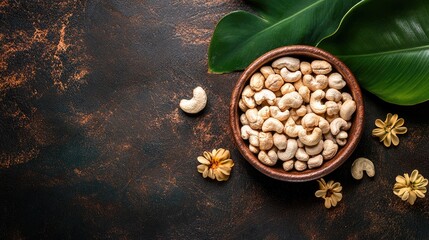 Wall Mural - Organic raw cashew nuts in wooden bowl with green leaves and floral decorations on textured background for healthy snack concept