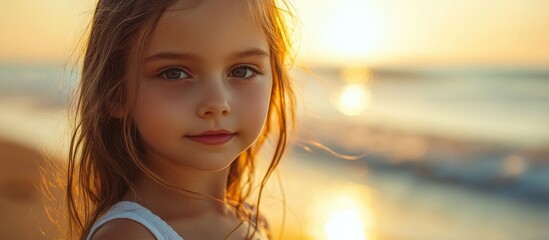 Wall Mural - Young girl enjoying a serene moment at the beach during sunset with soft waves in the background and warm golden light.