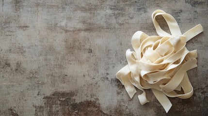 Poster - Homemade tagliatelle pasta resting on a rustic wooden surface ready for cooking or presentation in a culinary context