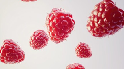 Canvas Print - Fresh ripe raspberries flying in the air against a white background showcasing their vibrant color and texture in a dynamic composition