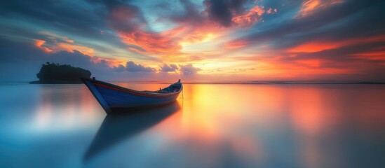 Wall Mural - Serene Sunset Over Water with Boat Reflection in Tranquil Landscape Photography by Professional Travel Photographer