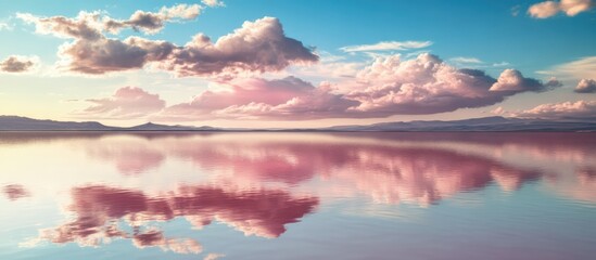 Wall Mural - Tranquil pink lake reflecting vibrant clouds and serene sky at sunset, creating a picturesque landscape of natural beauty.