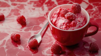 Canvas Print - Raspberry mug cake in a red cup with fresh raspberries on a vibrant counter surface against a colorful background