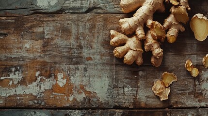 Wall Mural - Fresh raw ginger root on rustic wooden background showcasing its texture and natural colors for culinary and health concepts.