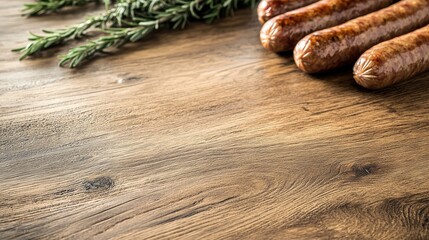 Wall Mural - Raw farm sausages with fresh rosemary on rustic wooden table ready for cooking or culinary presentation in natural light