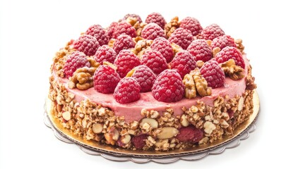 Canvas Print - Raspberry cheesecake adorned with nuts displayed on a clean white background appealing dessert presentation