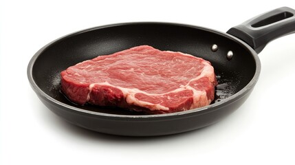 Poster - Raw steak cooking in a non-stick frying pan on a white background showcasing freshness and preparation for a delicious meal.