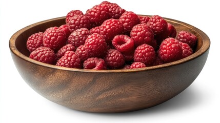 Canvas Print - Freshly harvested raspberries in a rustic wooden bowl on a white background showcasing vibrant colors and natural textures.