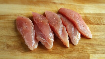 Poster - Raw chicken breast fillets arranged on a wooden cutting board seasoned with spices ready for cooking in a kitchen setting