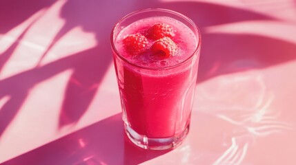 Wall Mural - Raspberry smoothie served in a glass with fresh raspberries on top against a vibrant pink background