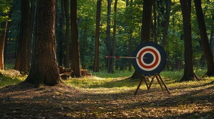 Wall Mural - An adventurous archery session in a forest clearing, Bows and arrows set up for precision shooting, Outdoor sports style