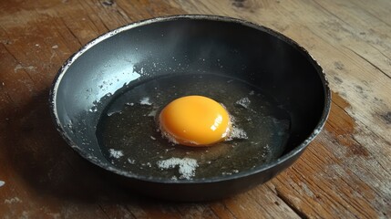 Poster - Raw Egg in Frying Pan Ready for Cooking on Rustic Wooden Surface Background