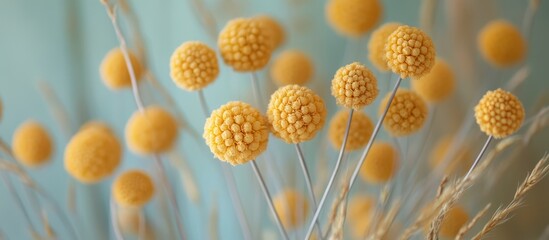 Wall Mural - Trendy mustard yellow spherical dried flowers on silvery stems ideal for modern home decor arrangements and floral design projects