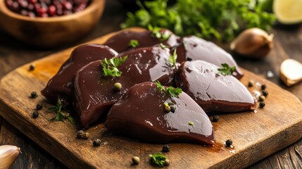 Wall Mural - Fresh chicken liver on wooden cutting board garnished with herbs and spices for culinary preparation and food photography.