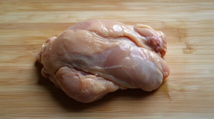 Wall Mural - Fresh raw chicken breast on a wooden cutting board ready for preparation in a healthy cooking setting.