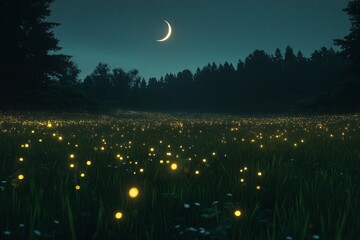 Wall Mural - A field of glowing fireflies under a starlit sky with a crescent moon