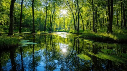 Wall Mural - serene untouched nature landscape with vibrant greenery and reflective calm water under sunlight in 