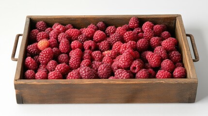 Wall Mural - Ripe raspberries and assorted fruits beautifully arranged in a rustic wooden tray top view for fresh produce display and culinary inspiration.