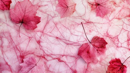 Wall Mural - Pink and White Marble Texture with Delicate Autumn Leaves Background High Resolution