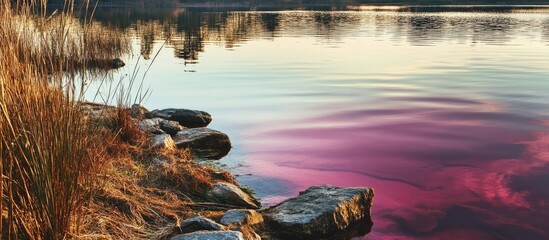 Wall Mural - Serene pink lake with reflective waters surrounded by rocks and natural vegetation during golden hour lighting.