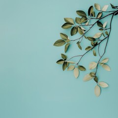 Poster - Fresh Green Leaves on Light Teal Background for Nature Inspiration