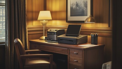 Wall Mural - Work desk setup with lamp, printer and laptop.