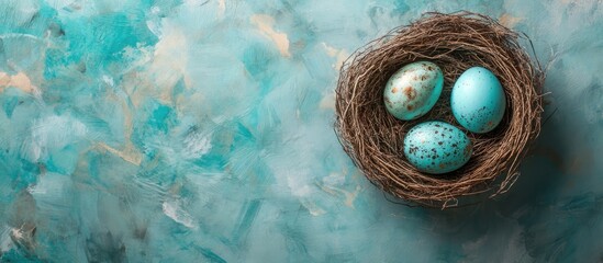 Colorful painted eggs in a nest on a textured backdrop with space for text Ideal for Easter or seasonal decor themes