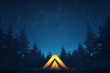 Poster - Camping under the stars with a glowing tent in a tranquil forest at night. Generative AI