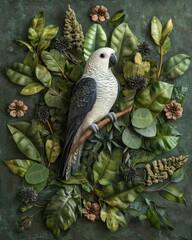 Wall Mural - A detailed depiction of a parrot surrounded by various leaves and plants.