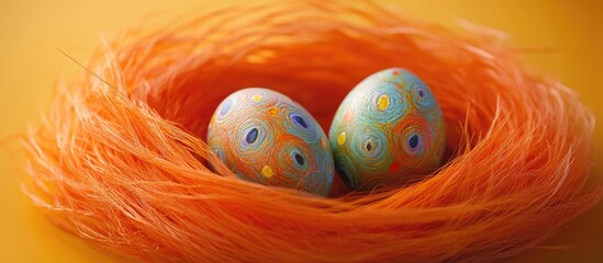 Vibrant painted Easter eggs nestled in a bright orange artificial nest creating a festive and colorful springtime decoration ambiance.