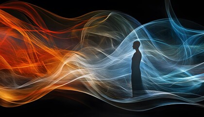 Poster - Abstract representation of a person standing amidst swirling streams of colorful light, symbolizing emotion and connection in a vibrant and imaginative digital art piece