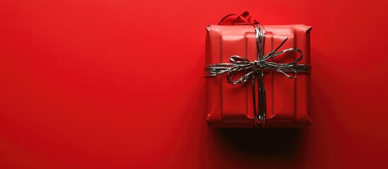 Sticker - Red gift box with intricate bow against a solid red background symbolizing surprise and anticipation for festive celebrations