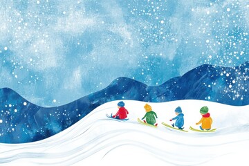 Poster - Winter adventure with children skiing down snowy hills in a magical landscape. Generative AI