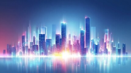 Sticker - Vibrant City Skyline at Night with Futuristic Glow and Reflections in Water, Symbolizing Urban Life, Beauty, and Innovation in Modern Architecture