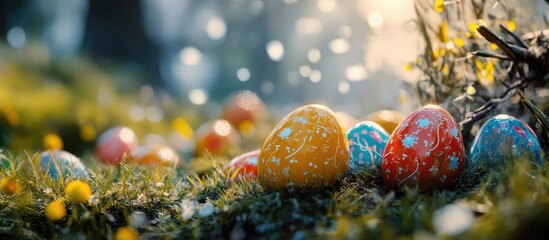 Wall Mural - Colorful decorated Easter eggs scattered in a vibrant spring meadow with soft sunlight and flowers creating a joyful holiday atmosphere