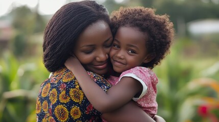 African female adult embracing child outdoors in nature