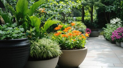 Wall Mural - Lush ornamental plants displayed in large decorative flower pots on a beautifully landscaped garden pathway