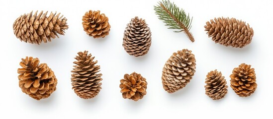 Sticker - Natural pine cones and evergreen branches arranged artistically on a white background showcasing seasonal decor and texture contrast.