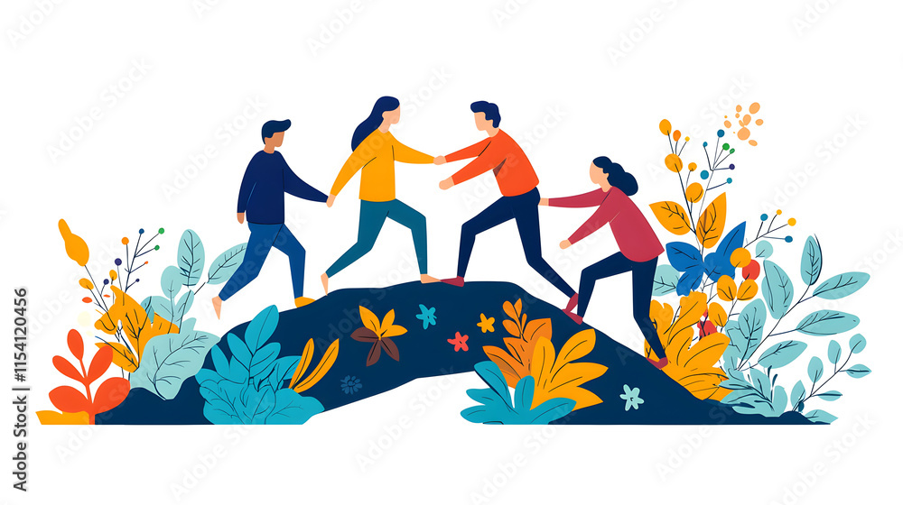 Friends helping each other climb hill, showcasing teamwork and support ...