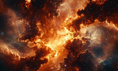 Wall Mural - Dramatic Cosmic Nebula Display with Fiery Orange Clouds and Glittering Stars
