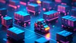 © yelosole - Robotic Forklifts Navigating a Futuristic Glowing Warehouse of Crates
